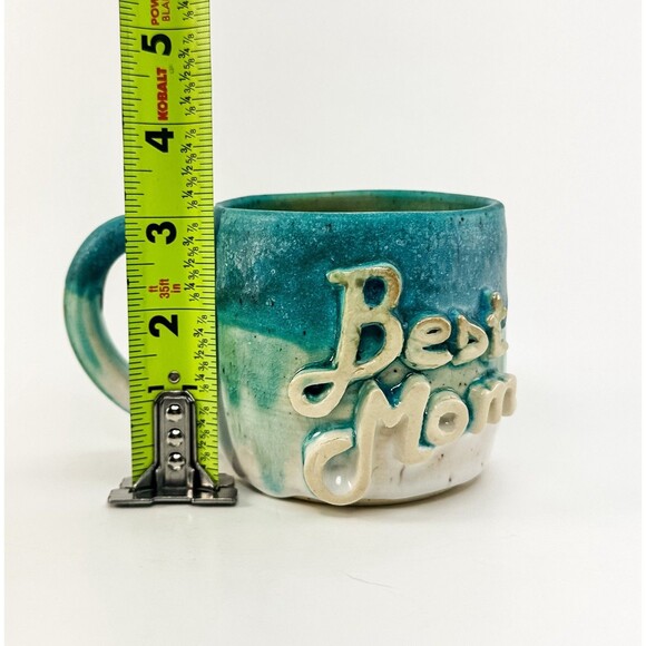 Handmade Pottery “Best Mom” Mug Teal Blue Green Glaze Drip Artisan Coffee Cup - Picture 6 of 7